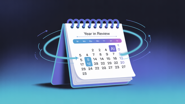 Abstract illustration of AI product management milestones and achievements through 2023 year-in-review timeline
