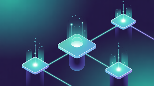 Abstract illustration of enterprise integration patterns with API connections flowing between system blocks