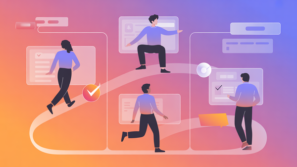 Abstract illustration of enterprise onboarding flow with people progressing through structured checkpoints at scale