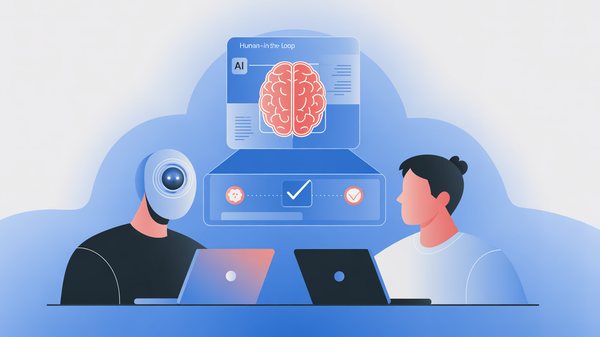 Abstract illustration of human-in-the-loop AI review system with human and AI collaborating through verification checkpoints