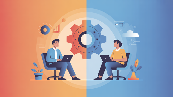 Abstract illustration of product manager and ML engineer collaboration with complementary gears meshing together