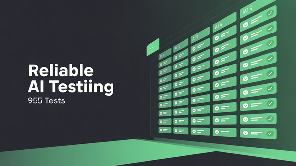 Abstract illustration of comprehensive AI test coverage with 955 passing tests forming a solid wall of green indicators