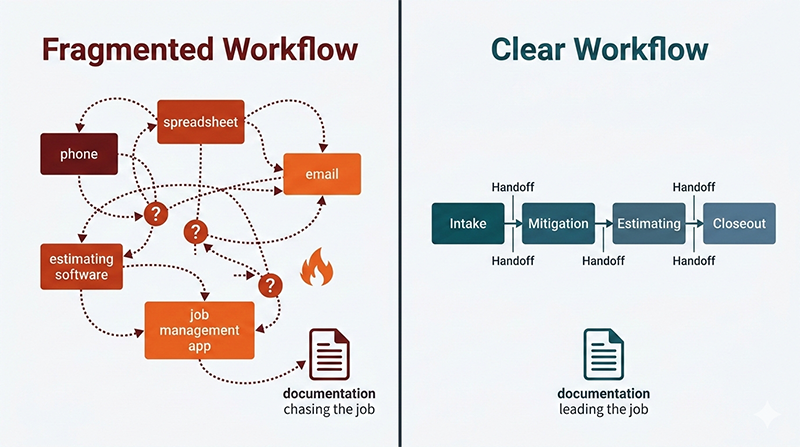 restoration workflow clarity model showing job flow from intake to closeout