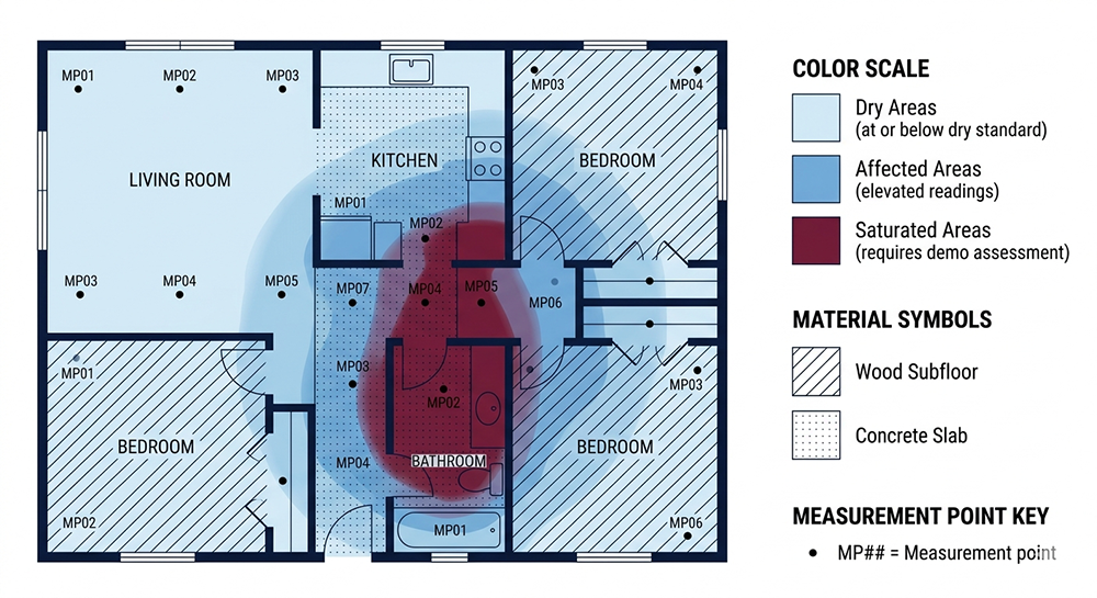 insurance-ready moisture map legend showing moisture content ranges and dry standard reference values
