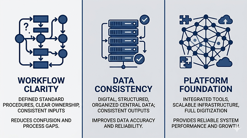 restoration AI readiness framework showing workflow clarity data consistency and platform foundation as three prerequisites