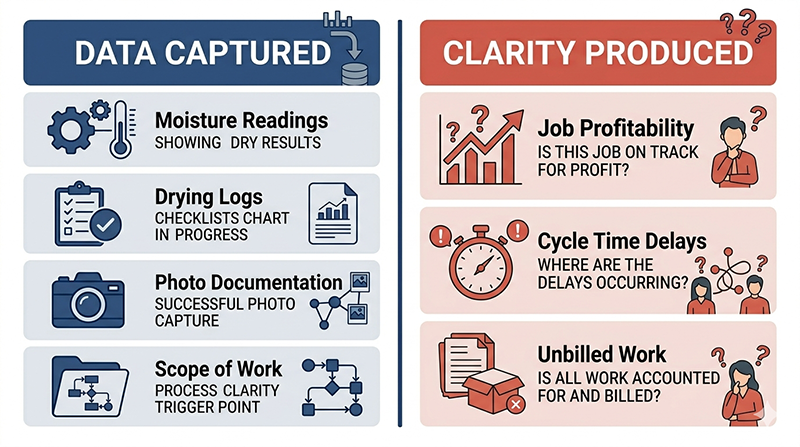 comparison of restoration data captured per job versus operational questions that remain unanswered without connected systems