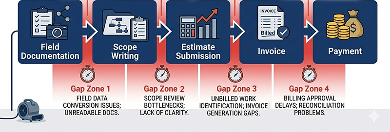 restoration job cycle timeline showing where delays accumulate in gaps between disconnected systems