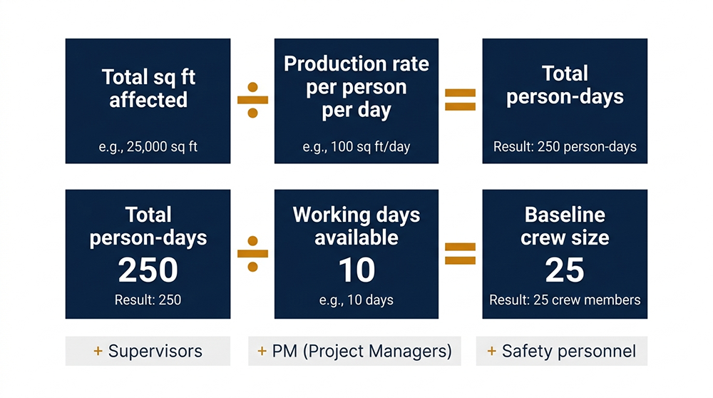 Large loss restoration crew sizing calculation formula diagram