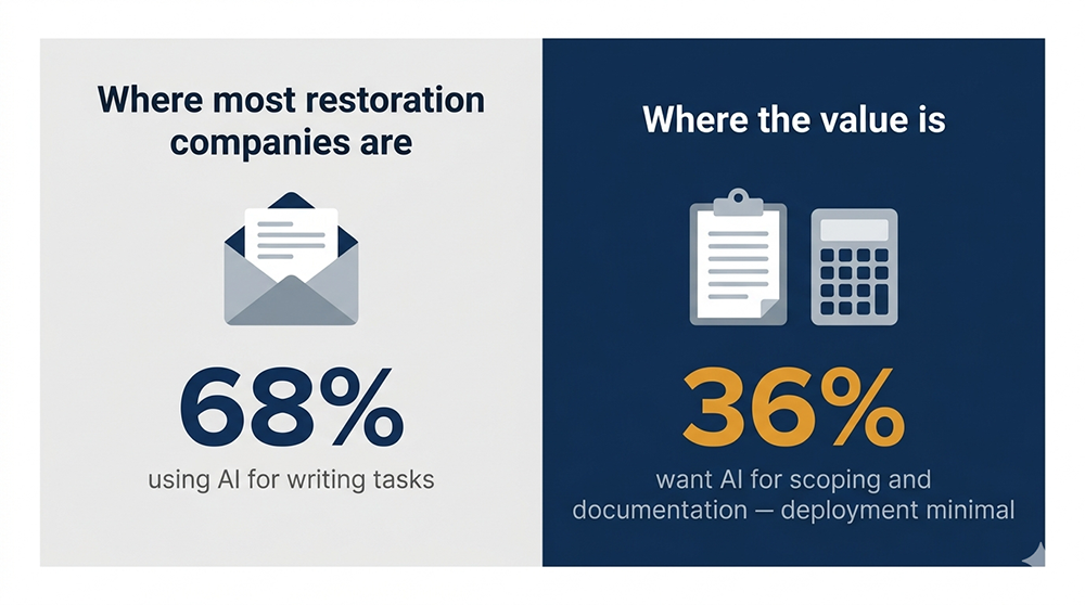 : restoration AI adoption gap showing difference between email use and operational deployment