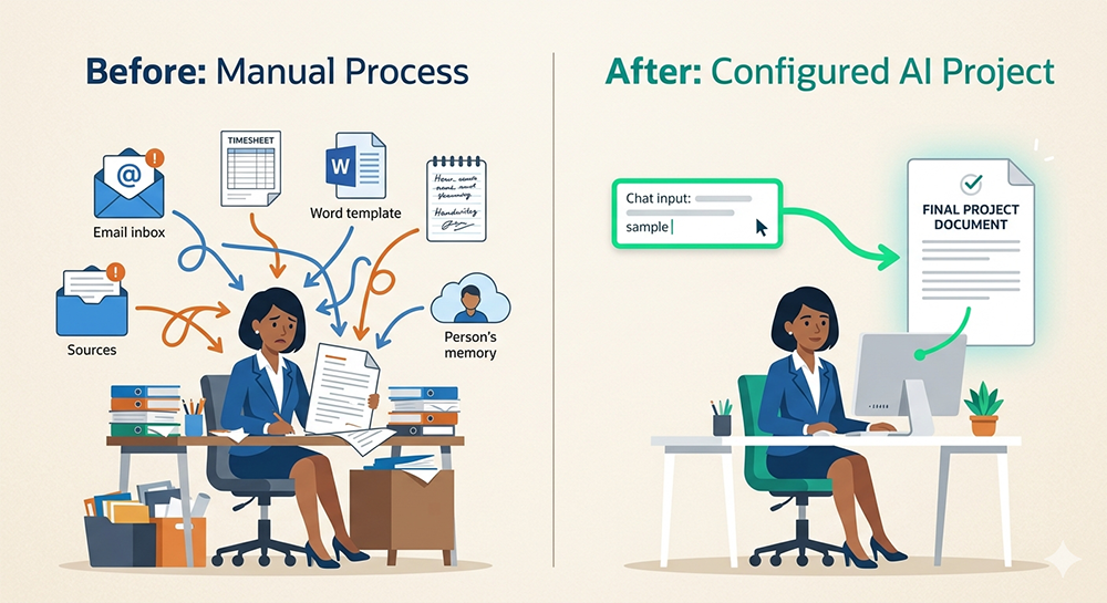 before and after comparison of manual restoration document workflow versus configured AI workflow tool