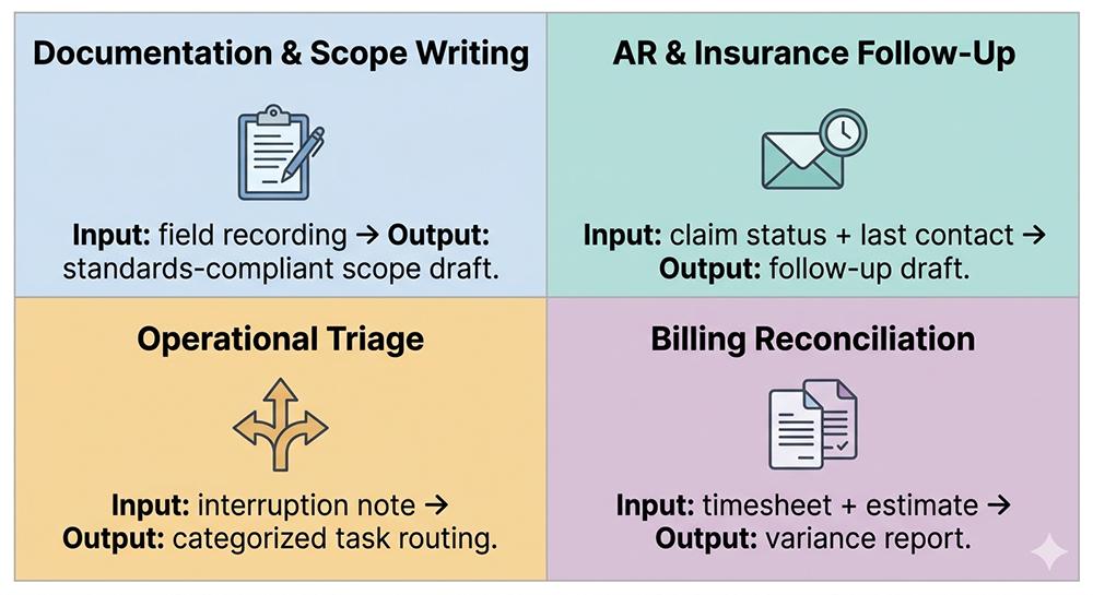 four restoration workflow types handled by a configured Claude Project including scope writing, AR tracking, task routing, and billing reconciliation