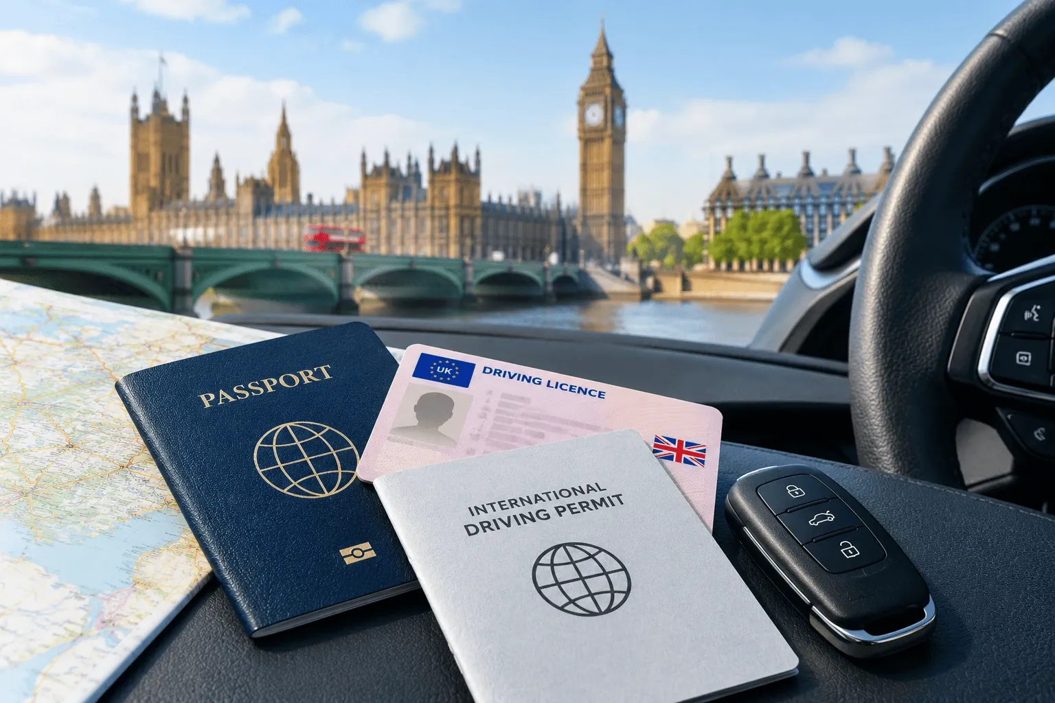 Passport, driving licence, international driving permit and car keys inside a car overlooking Westminster in London