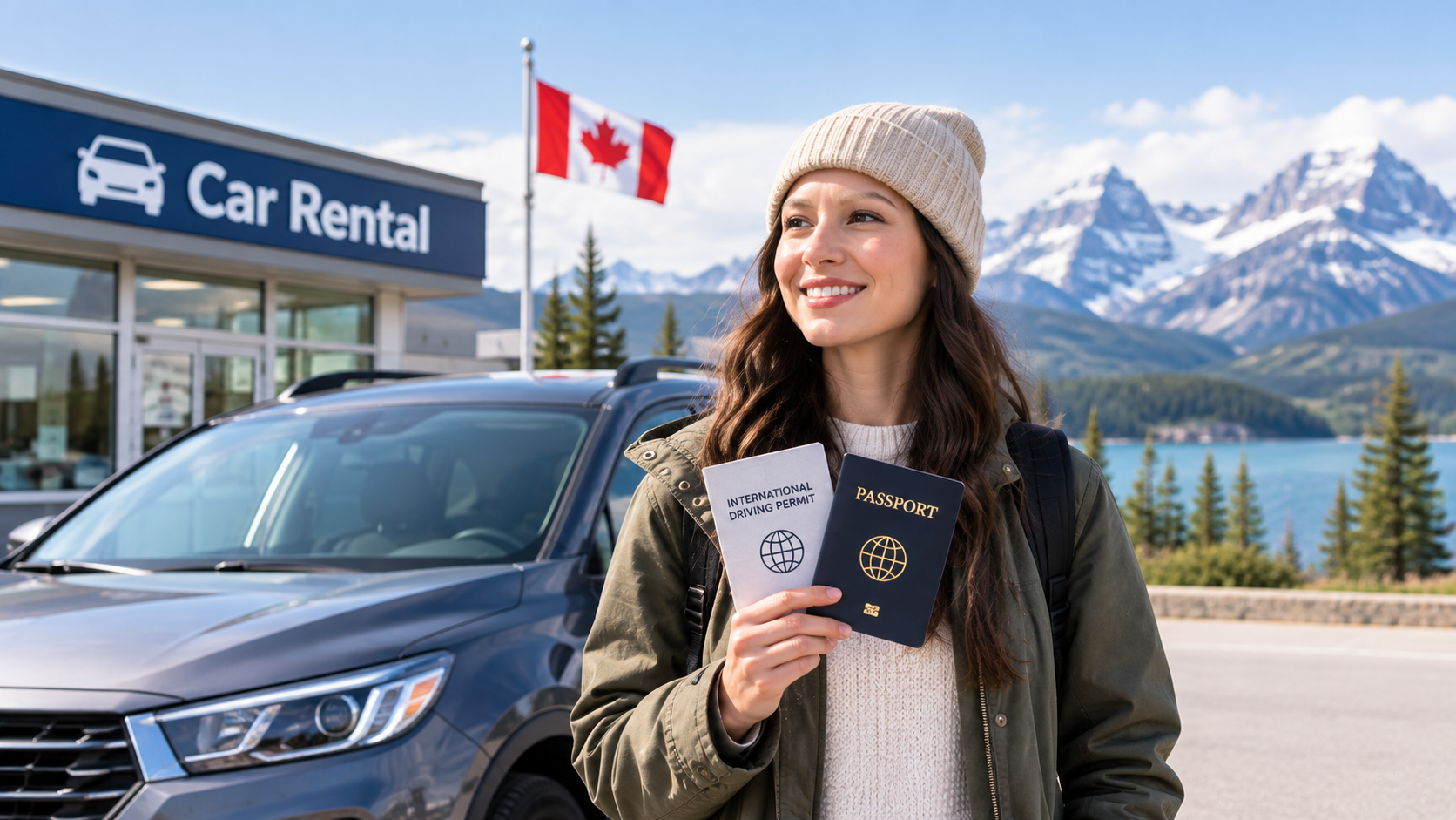 Traveller holding driving documents outside a car rental office in Canada