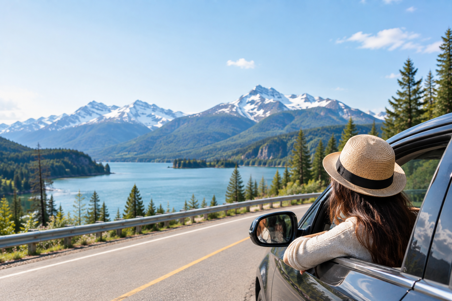 Traveller looking over a Canadian mountain lake from a car
