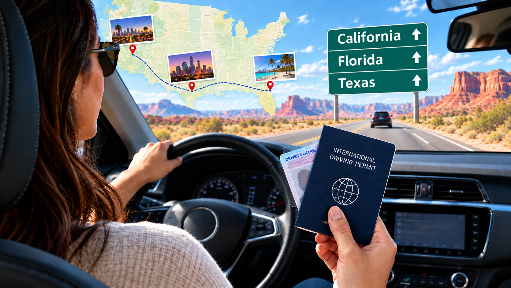 Travellers carrying driving documents on a road trip across the United States