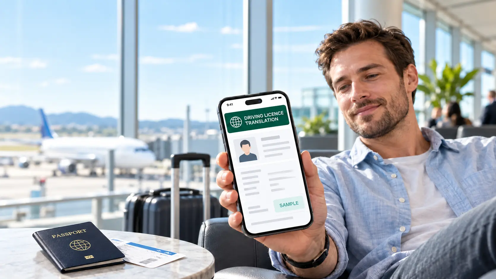Viaggiatore che mostra sul telefono una traduzione digitale della patente in aeroporto