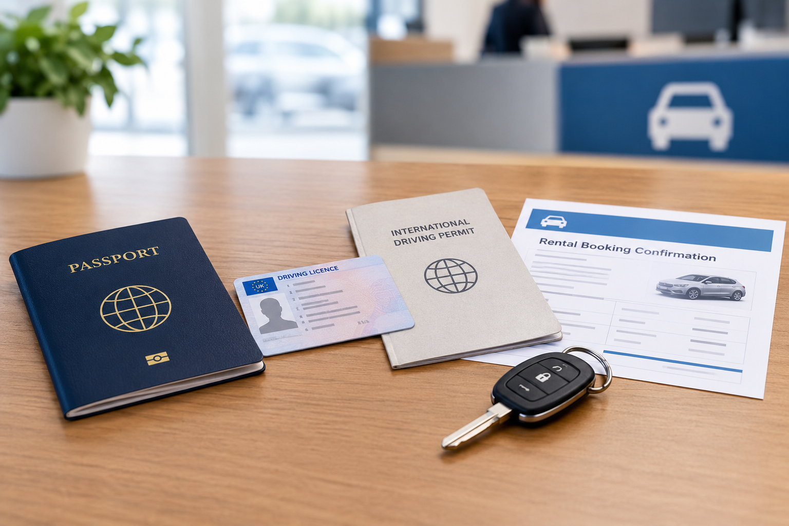 Passport, driving licence, supporting driving document and car keys at a rental counter