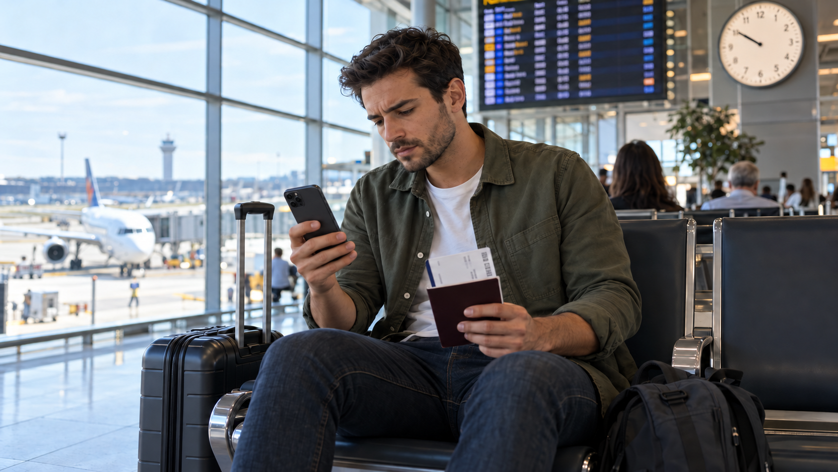 Viaggiatore che controlla il telefono in aeroporto con passaporto e bagagli