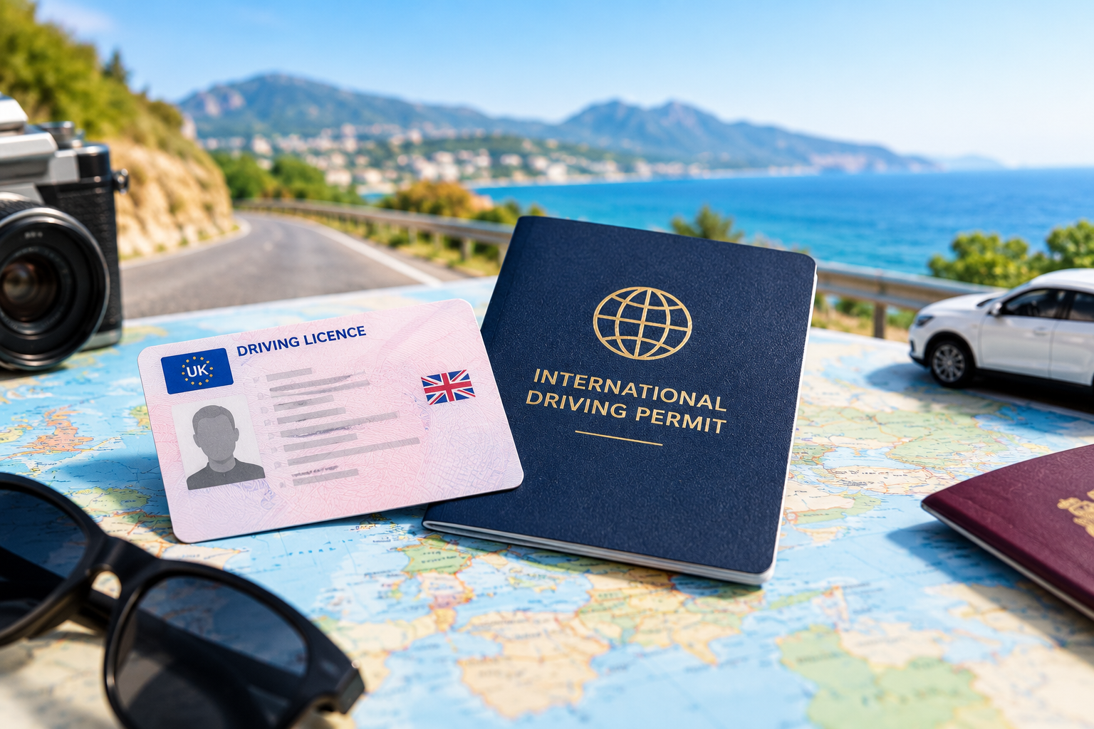 UK driving licence and international driving document on a map beside a coastal road