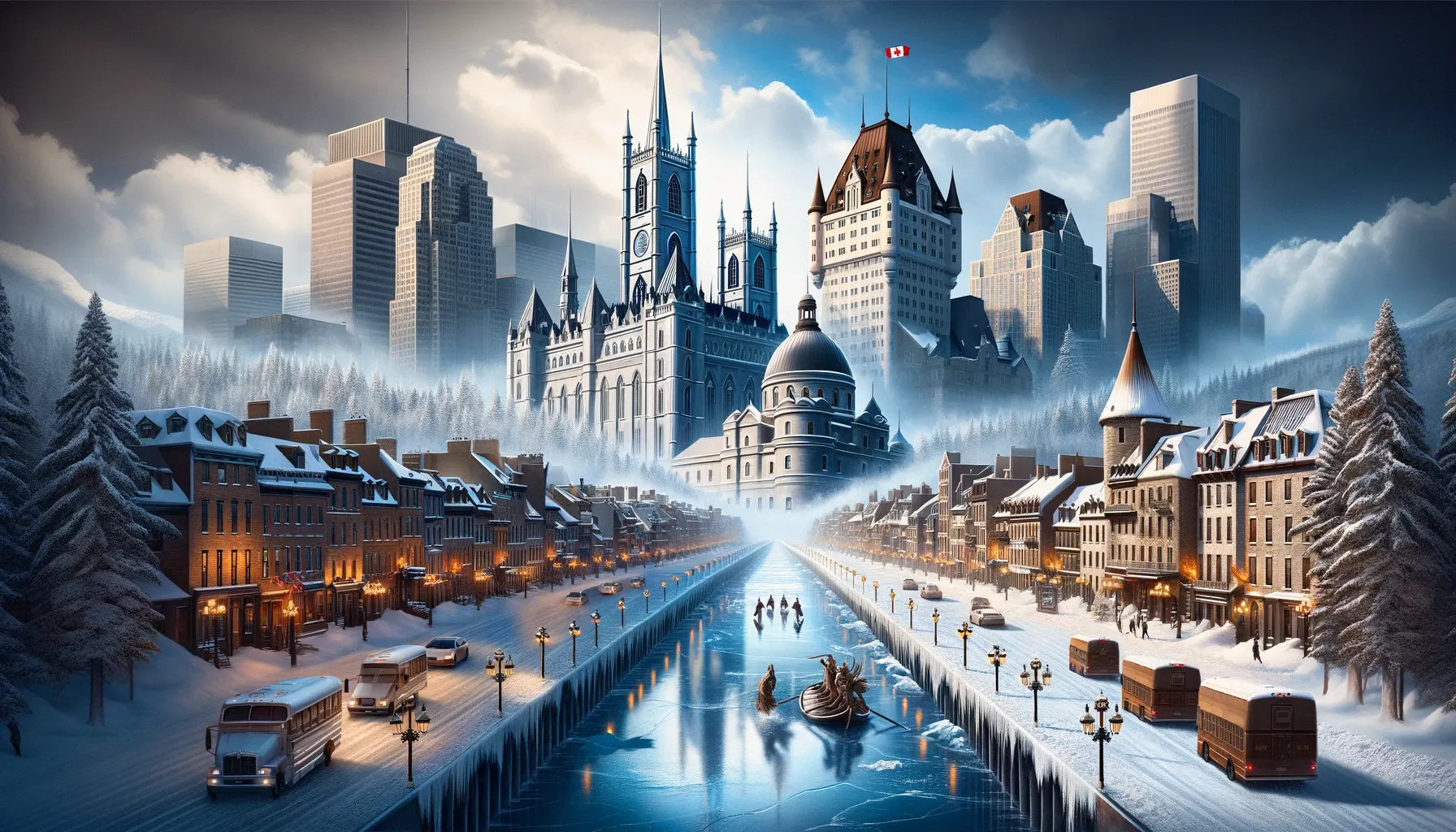 Dall e 2024 05 15 205804 a symbolic representation of the rivalry between montreal and quebec city in a photorealistic style