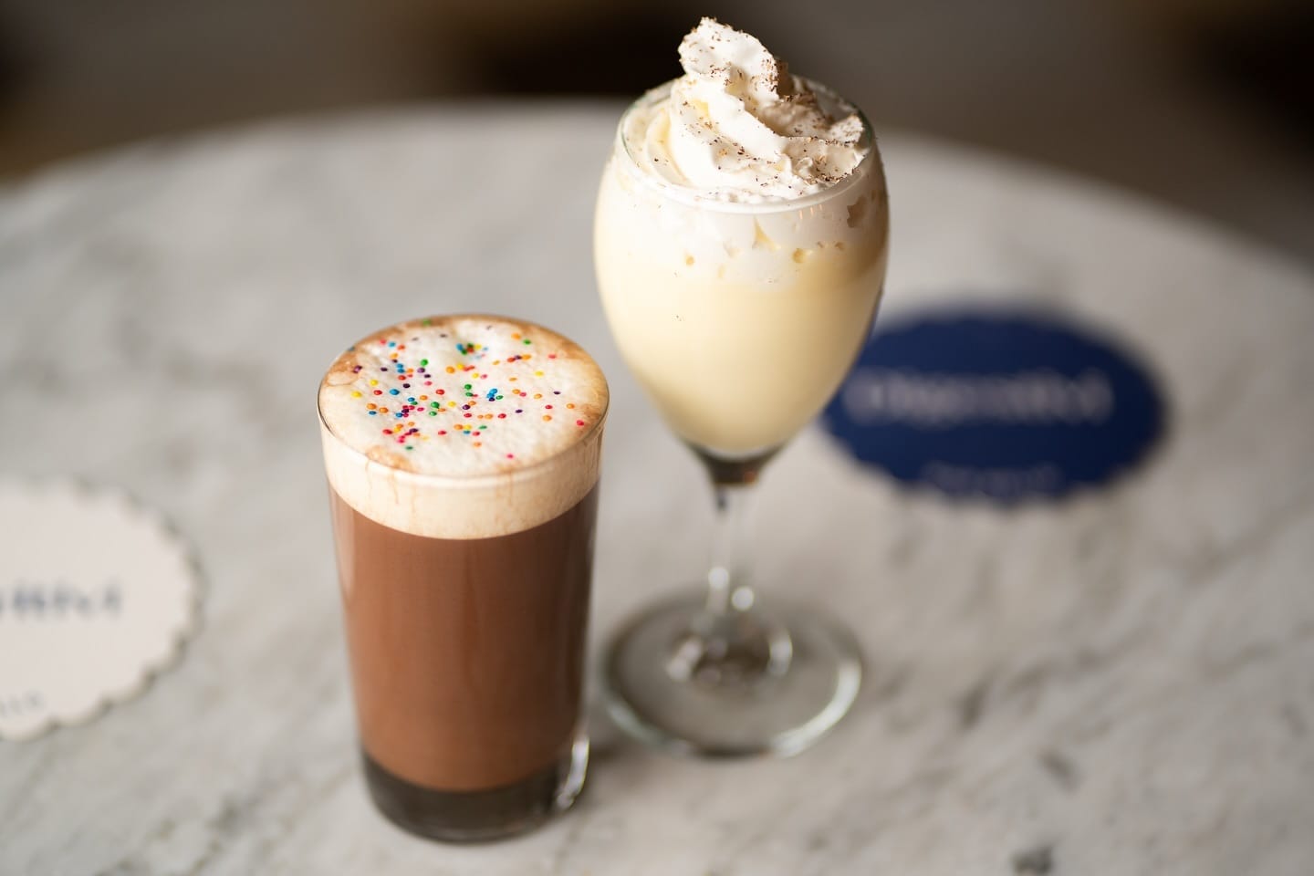Warm cocktails at Bar Bello's festive wonderland, the Vacanze di Natale: "For the boozy version, we melt together milk, dark