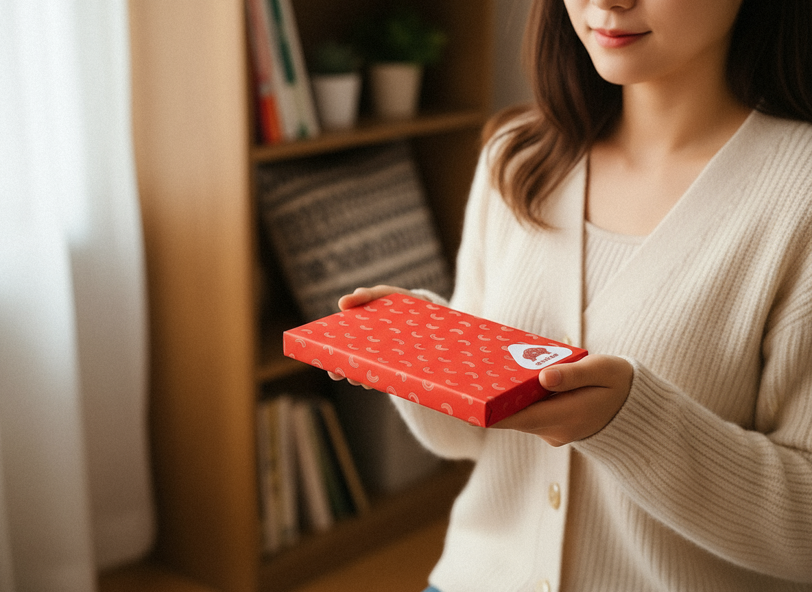 結婚祝いの体験ギフトボックスを持つ女性