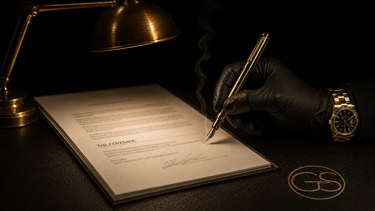 Black gloved surgical hand signing a physician employment contract with a gold fountain pen, the words "TAIL COVERAGE" visible on the document, brass desk lamp illuminating the scene.