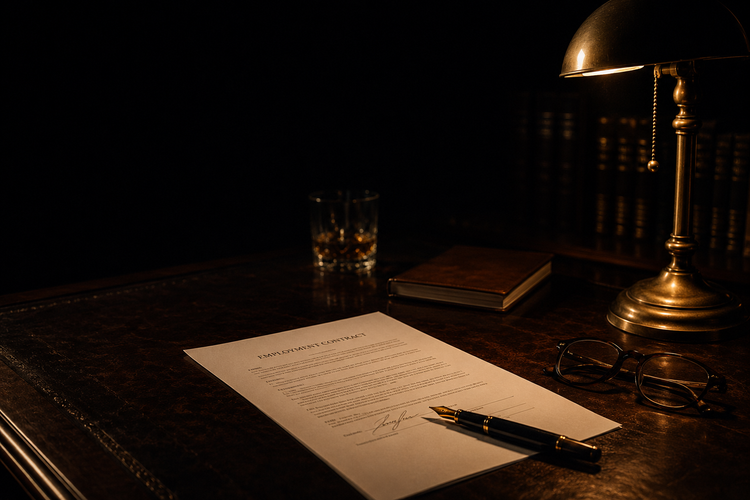 An employment agreement on a dark desk under a brass banker's lamp, a fountain pen and reading glasses beside it.