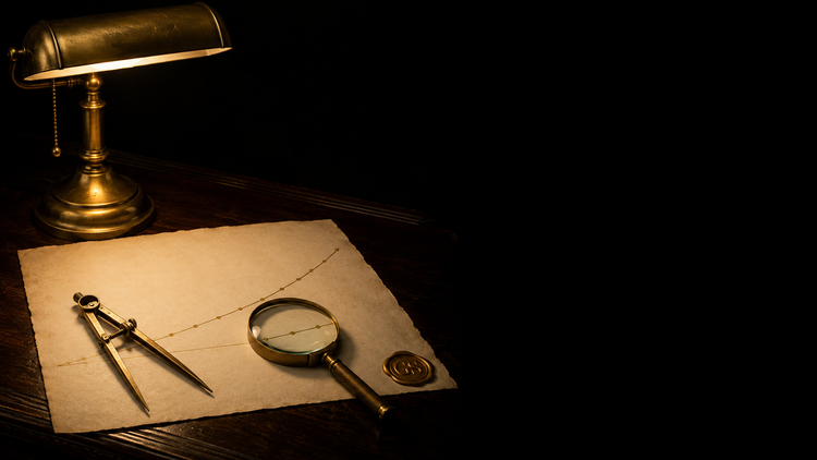 A brass banker's lamp lighting a parchment on a dark desk; a rising line is drawn in gold ink, with antique drafting dividers and a magnifying glass resting on it.