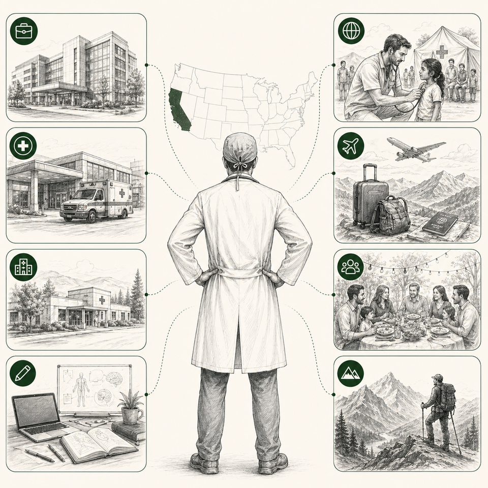 Pencil sketch of a physician in a white coat seen from behind, surrounded by eight panels showing hospital, ambulance, family, mountains, study, travel, global care, and rural clinic.