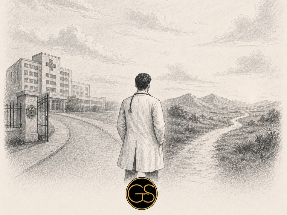 Pencil sketch of a physician in a white coat standing at a crossroads — hospital on the left, open road and mountains on the right — Golden Scalpel monogram in the foreground.