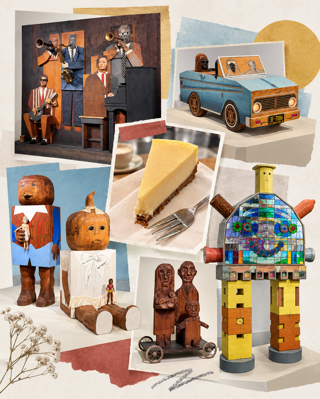Editorial collage of wooden figures, musicians, a blue sculptural car, a mosaic figure, and a slice of cheesecake.