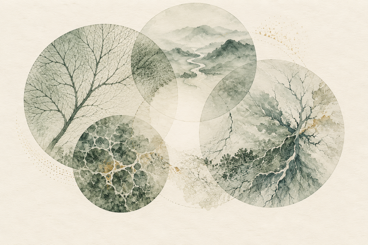 Illustration of overlapping translucent circles containing branching veins and river landscapes on ivory paper.