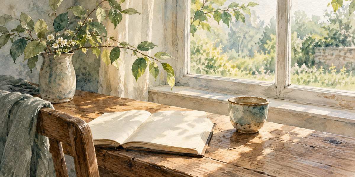 Watercolour of an open blank notebook and a ceramic cup beside a sunlit window, with a leafy branch and a green garden beyond.