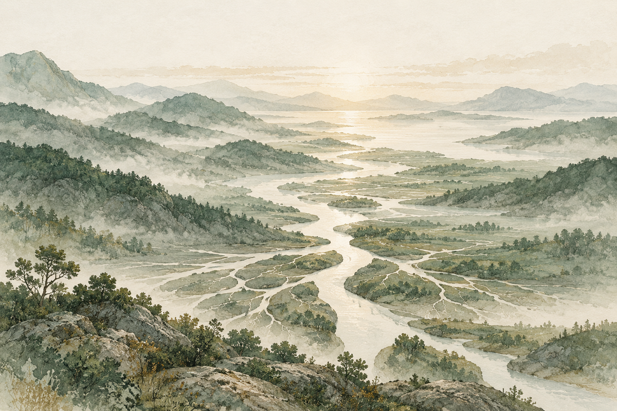 Watercolor landscape with branching waterways leading toward a pale horizon.