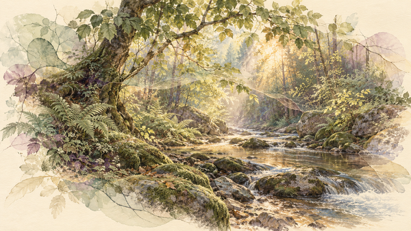Sunlight falls through a leafy woodland canopy onto a stream, rendered in watercolour with translucent botanical details.