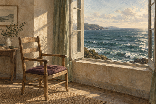 Watercolour illustration of an empty wooden chair with a plum cushion beside an open window overlooking a blue-green sea in afternoon light.