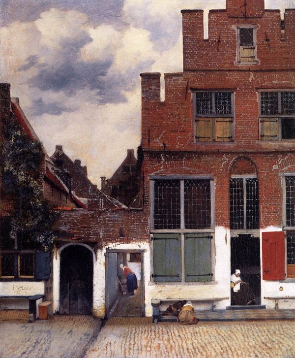 Vermeer’s The Little Street: brick houses beneath a cloudy sky, a woman sewing in a doorway, another working in a passage, and two children playing.