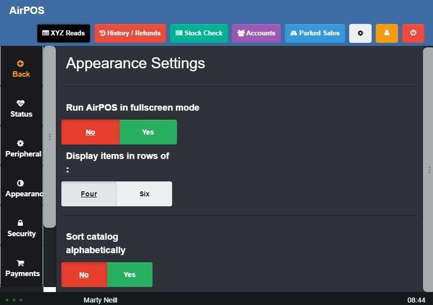 Running AirPOS in Full Screen Mode (Windows Only) and Arranging Categories