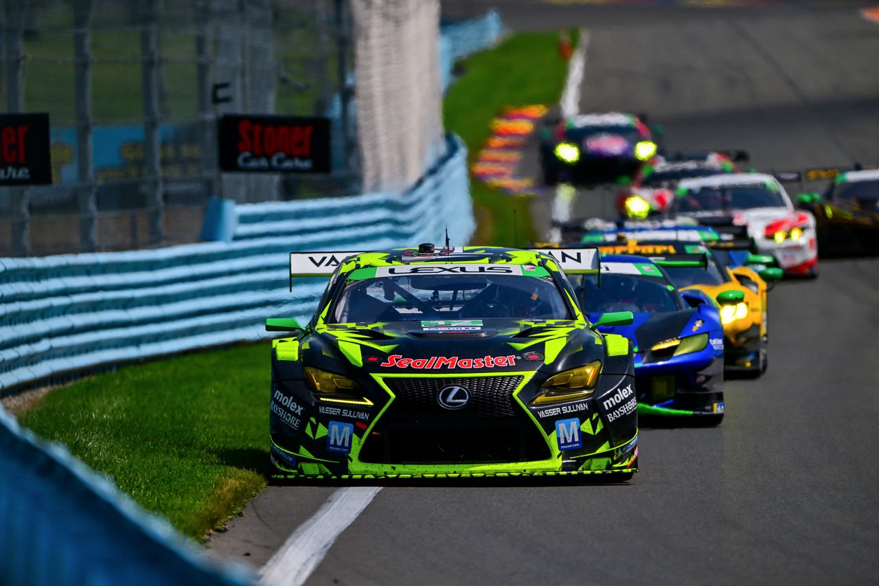 A train of GTD cars, led by the Vasser Sullivan Lexus RC F GT3, at Watkins Glen in 2025