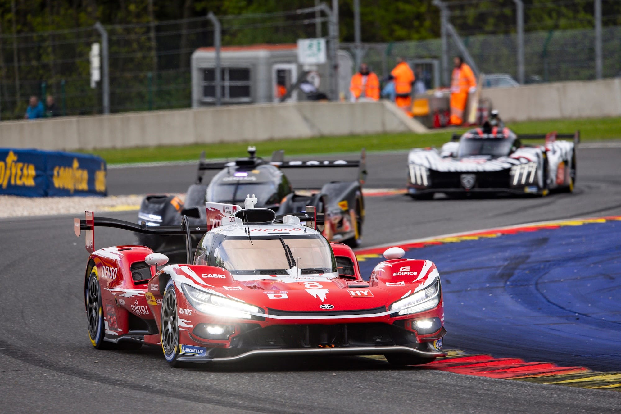 Toyota's TR010 Hypercar for the 2026 WEC season, at Spa-Francorchamps, leading a Genesis GMR-001 and a Peugeot 9X8