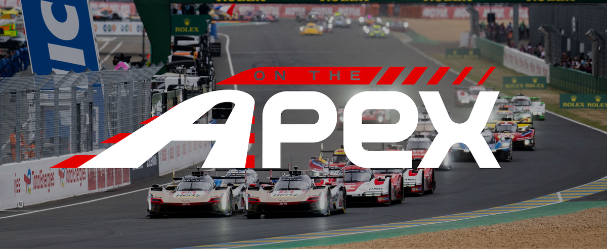 The start of Le Mans 2025 leading into Dunlop Curve with the Cadillacs leading, and the On The Apex logo overlaid on top