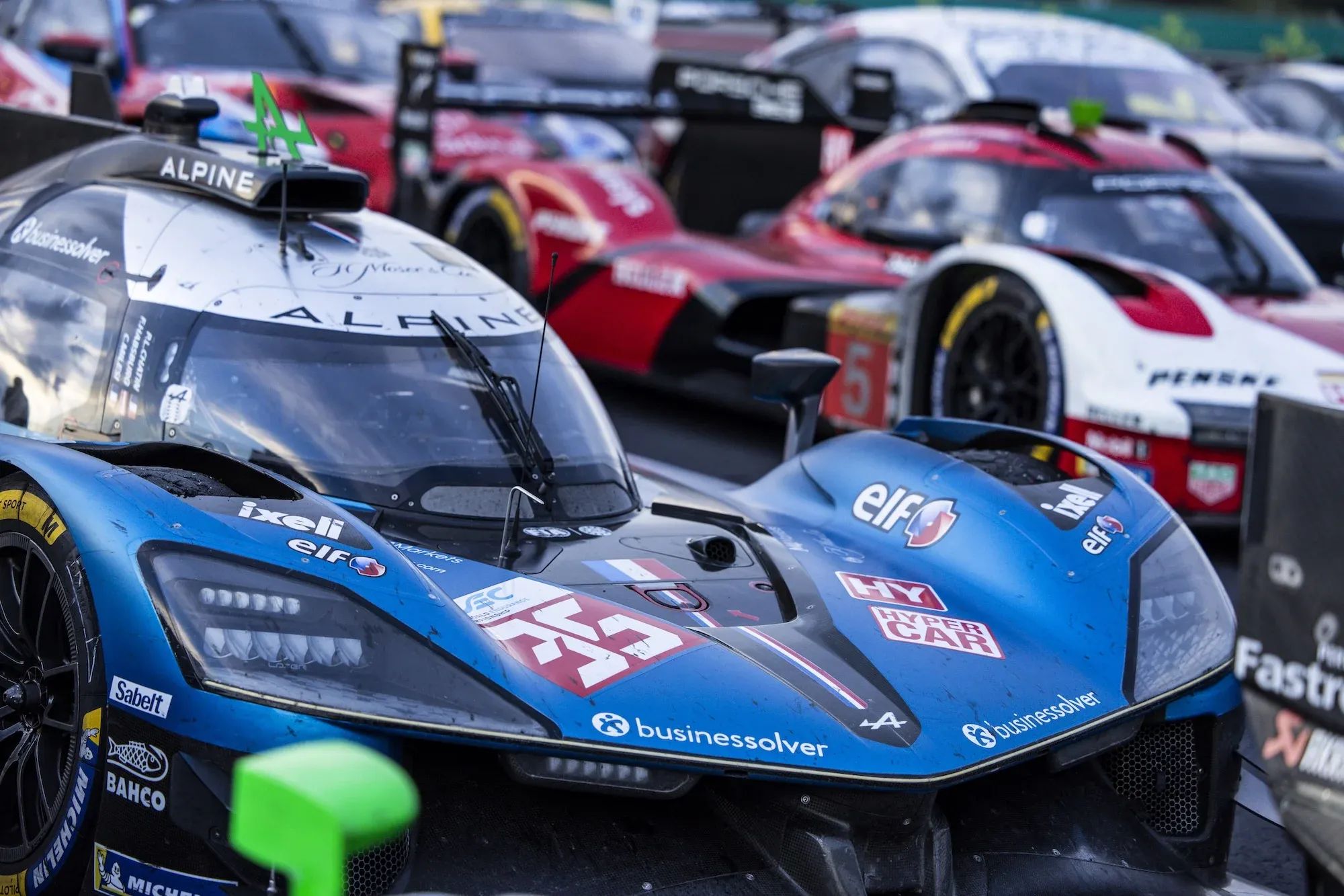 An Alpine A424 in parc ferme after an FIA World Endurance Championship race.