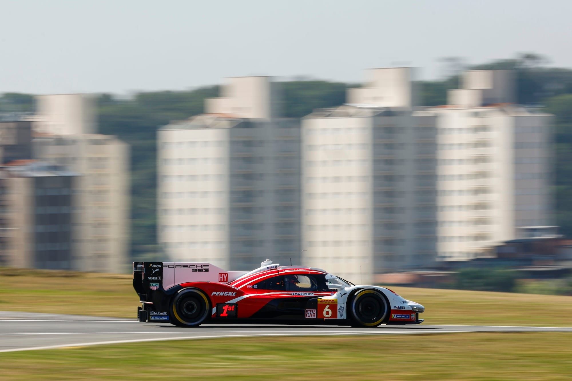 #6 Porsche at Interlagos, with the Sao Paulo skyline in the background
