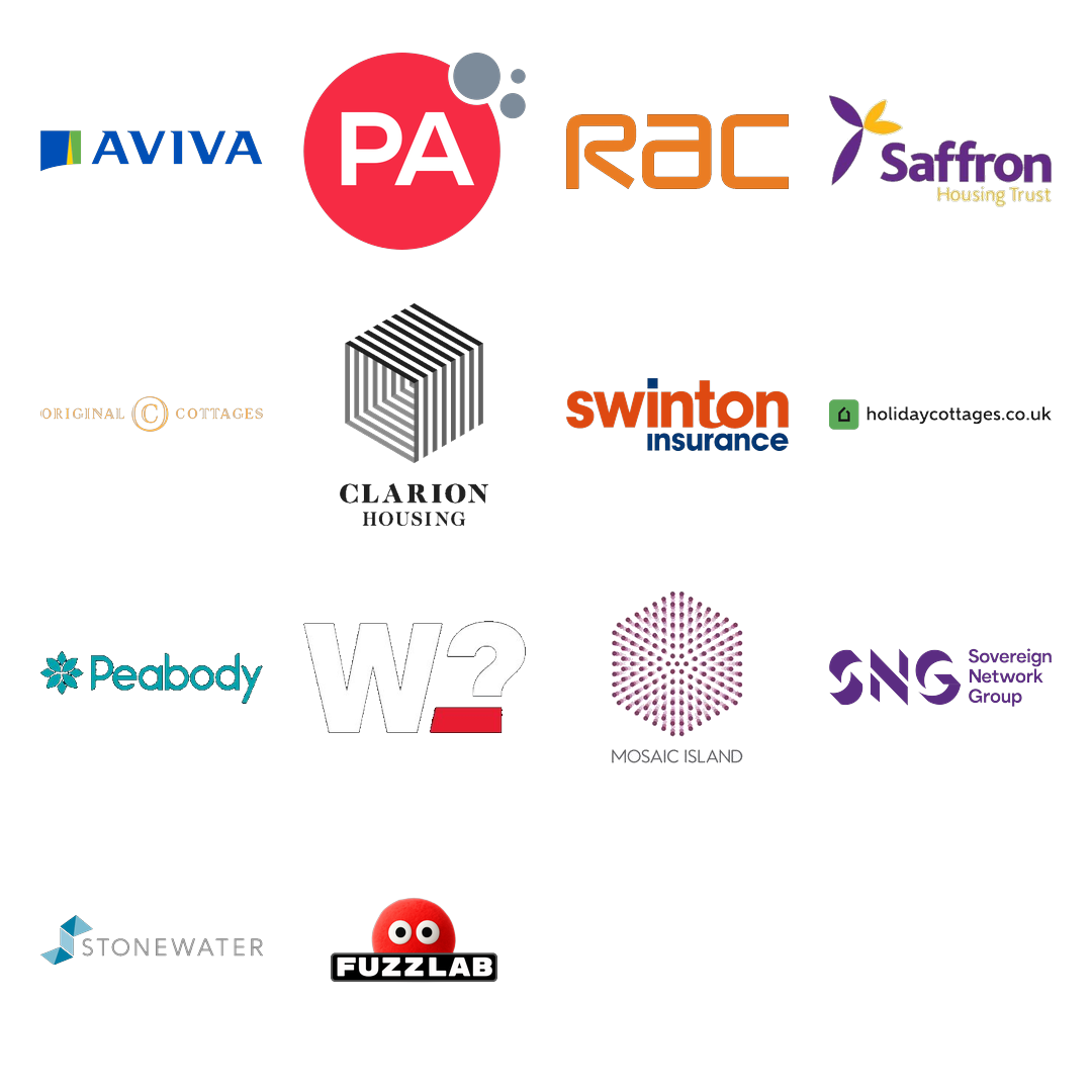 Company logos for Aviva, PA Consulting, RAC, Saffron Housing, Original Cottages, Clarion Housing, Swinton Insurance, Holiday Cottages, Peabody, Which?, Mosaic Island, Soverign Network Group, Stonewater, Fuzzlab