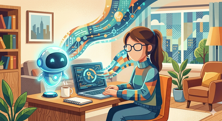 cartoon image of a woman sitting by a computer with an abstract representation of an AI agent hovering above her desk