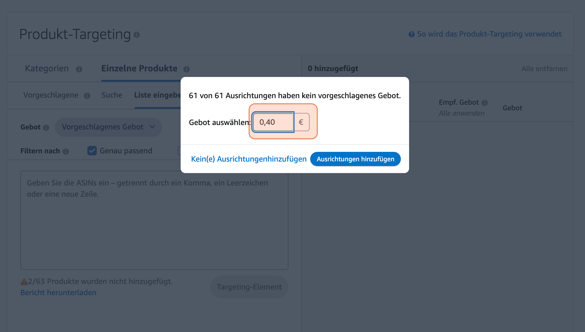 Screenshot zeigt das Pop-up, um ein vorgeschlagenes Gebot als Ausrichtung auszuwählen