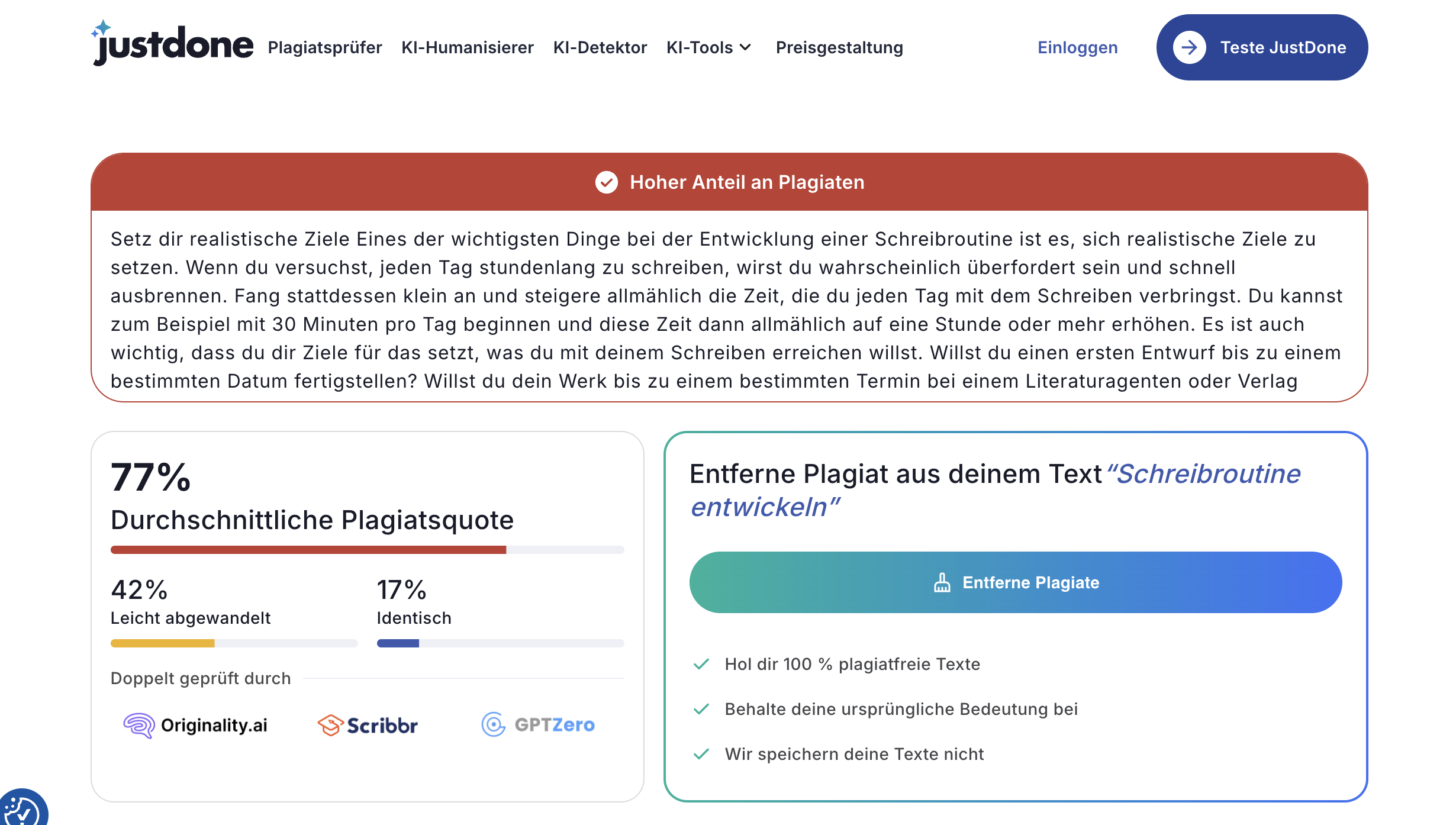 Screenshot von Just Done mit Plagiatsprüfung: Plagiatsquote 77 %, 17 % identisch, für einen meiner Artikel, der von jemandem im Internet kopiert wurde.
