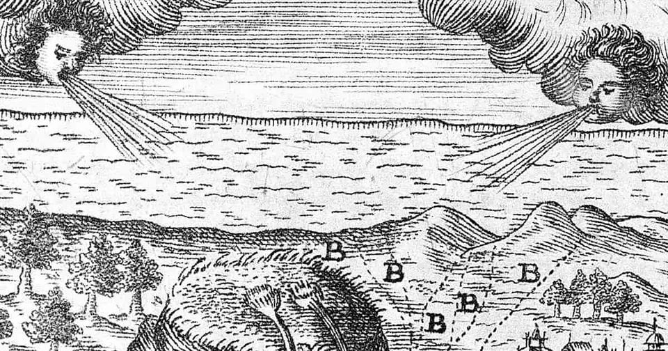 17th century illustration showing winds being blown from faces in clouds