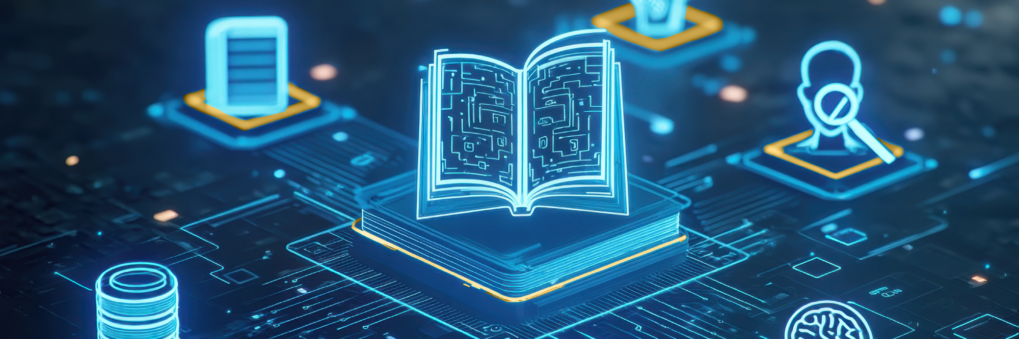 An image of a book icon with technology around it.